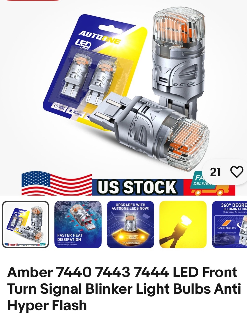 AUTONE Amber LED 7440 7443 7444 Front Turn Signal Bulb (Pair)